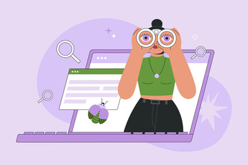 IT specialist testing software on laptop in search of bugs and virus. Development, coding and problem identification. Vector illustration isolated on purple background, modern flat cartoon style