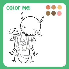 Colour me: colouring page kids with insects theme a cute termite. Coloring activity for children. Coloring animal worksheet. Black and white vector illustration. Motoric skills education. 