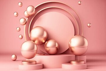 Round podium for display product or for merchandise with levitating balls on pink background created with Generative AI technology.