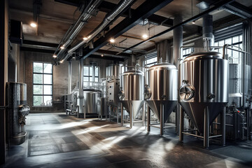 Naklejka na ściany i meble interior of modern craft brewery with beer tanks. Generative AI illustration