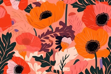 Bright pink orange poppies flowers pattern illustration with Generative AI