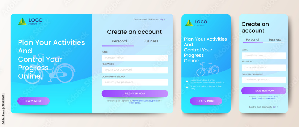Sticker login and registration form templates with blue color design. mobile sign up and sign in page. profe