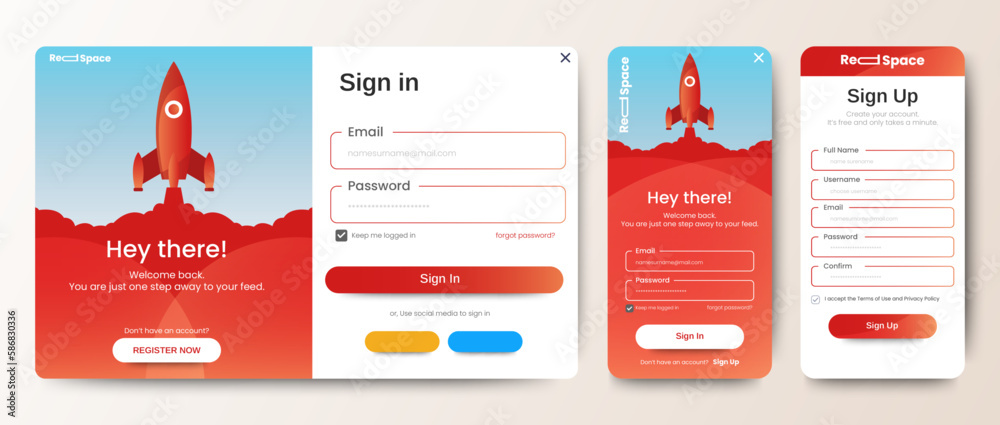 Poster login and registration form templates with red color design. mobile sign up and sign in page. profes