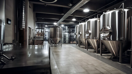 interior of modern craft brewery factory with equipment for beer production. Generative AI illustration