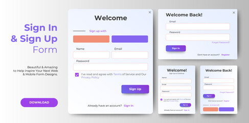 Modern White and Clean Login and Registration form templates design. Mobile Sign Up and Sign In page. Professional web design, full set of elements. User-friendly design materials.