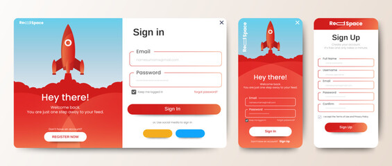 Login and Registration form templates with red color design. Mobile Sign Up and Sign In page. Professional web design, full set of elements. User-friendly design materials.