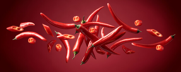 Red chili peppers in movement.
