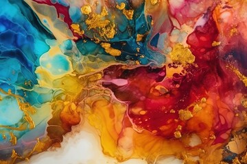 Artistic and colorful alcohol ink with gold flick illustration background with Generative AI