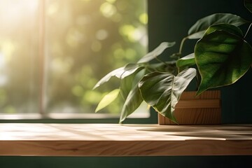 green potted plant placed on a rustic wooden table. Generative AI