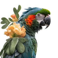Fototapeta premium a jungle-themed photographic illustration of a blue green and orange macaw parrot portrait with flowers on a transparent background in PNG. T-shirt Design. Generative AI