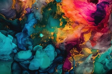 Artistic and colorful alcohol ink with gold flick illustration background with Generative AI