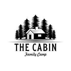 wooden cabin and pine forest on the retro vector black logo design isolated white background