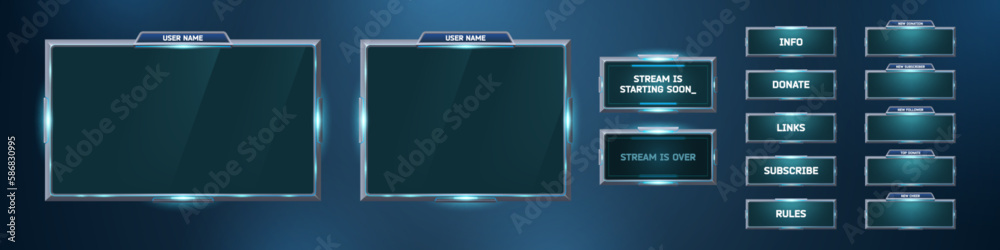 Poster realistic set of game stream interface frames isolated on background. vector illustration of ui over