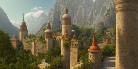 ai generated painting of an historical church with multiple domes in a peaceful green valley with mountains in the background