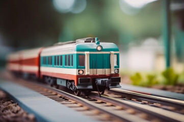 Fototapeta premium Toy blue train on rails. AI generated