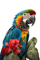 Obraz premium a jungle-themed photographic illustration of a blue green and orange macaw parrot portrait with flowers on a transparent background in PNG. T-shirt Design. Generative AI