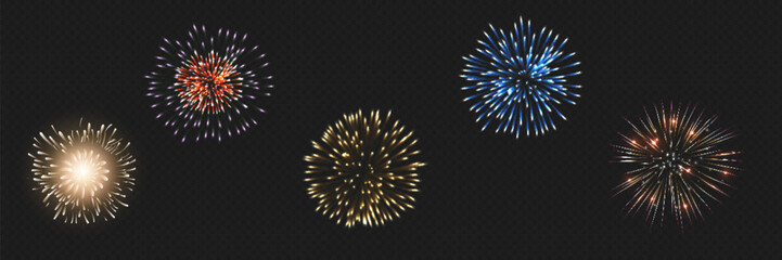set of isolated vector fireworks on transparent background.