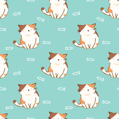 Seamless Pattern with Cartoon Cat and Fish Design on Pastel Green Background