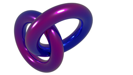 Abstract 3d-illustration of two connected rings in purple metallic coloring in front of a white background as a symbol for connection and cohesion as a rendering