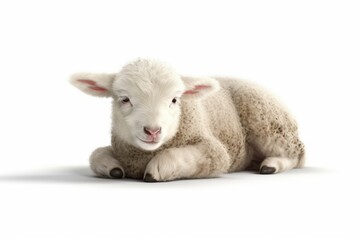 Fototapeta premium cute baby lamb resting on the grassy ground. Generative AI