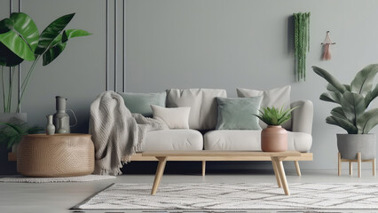 An inviting image of a room with wooden furniture including a sofa with cushions, a table, and green plants, set against a stylish gray wall: photorealistic illustration, Generative AI