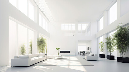 Fototapeta na wymiar A bright and airy lounge with a spacious, white, and minimalistic interior, flooded with natural sunlight: photorealistic illustration, Generative AI