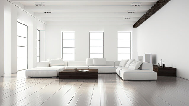 A bright living room with a white minimalist interior, bathed in natural sunlight from large windows, featuring wood flooring and a spacious sofa: photorealistic illustration, Generative AI