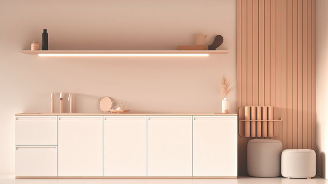 An abstract image featuring white kitchen cabinets with a sink, set against an inviting light pink wall: photorealistic illustration, Generative AI