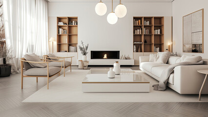 A modern living room with a minimalist interior, featuring white walls, integrated bookcases, a high ceiling, and a cozy fireplace: photorealistic illustration, Generative AI