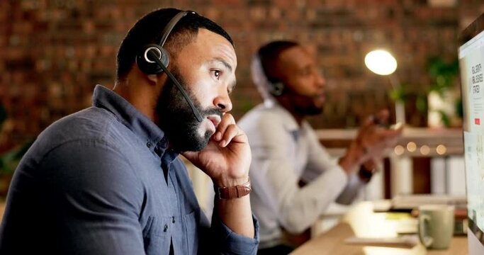Businessman, call center and headache in stress at night on computer, tired or overworked at the office. Exhausted man consultant agent working late suffering burnout, anxiety or strain on desktop PC