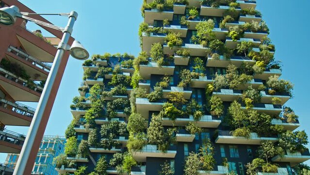 The Bosco Verticale with trees, shrubs, perennials, and ground cover line the facade of two residential towers.
Modern buildings in the Porta Nuova district of Milan, region of Lombardy, Italy.