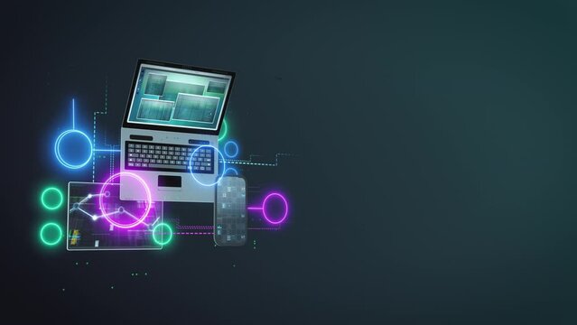 Computer network background with notebook, tablet and smartphone. E-learning concept animation