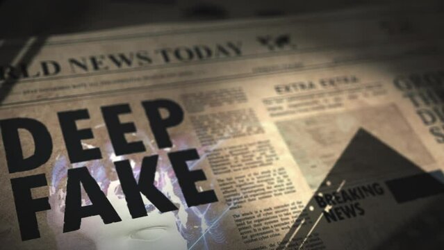 Reveal shot of old newspaper with articles about DEEP FAKE digital editing and fake of people