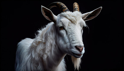 Fototapeta premium Portrait of a white goat closeup on a black background. Generative AI