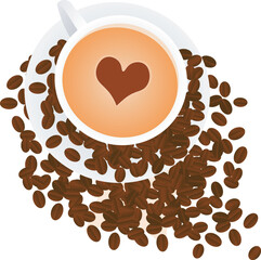 The delicious coffee with a heart with cocoa and coffee beans