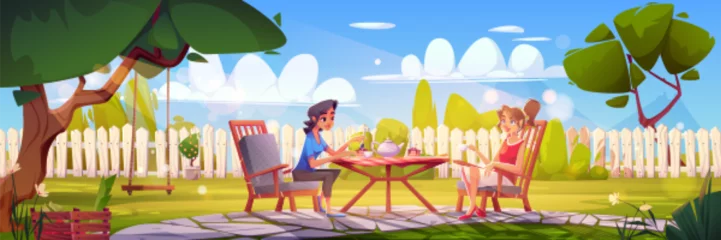 Gardinen House backyard with garden, fence and table with chairs. Summer landscape of home yard with trees, green grass on lawn and women drink tea sitting in armchairs, vector cartoon illustration © klyaksun