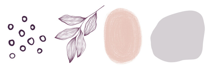 Set of abstract modern design elements. Pastel patches of uneven shape. Circle group. Contour branch with leaves. Isolated on a transparent background. Hand drawn.