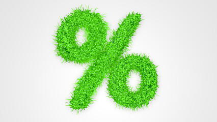 3D rendering grass effect percentage icon. Natural green grass color with isolated white background.