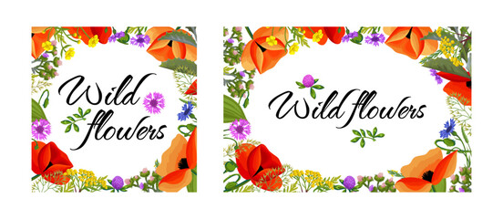 Template for postcard with wild flowers. Floral illustration of a round frame for compliments, invitation, greeting