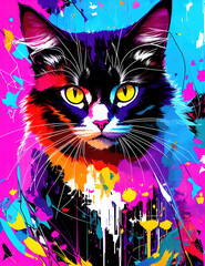 Cat with abstract beauty, looking at the camera, psychedelic colors, dynamic, highly detailed, digital painting, smooth, sharp focus, illustration Generative AI