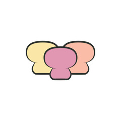 Three colorful mushrooms together. Vector drawing and illustration. Line and outline style with color fill. 