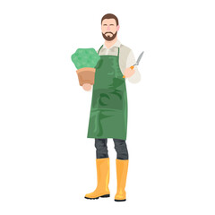 Male gardener with plant and shovel on white background