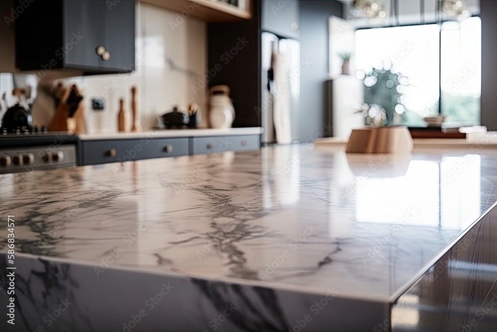 Poster sleek and modern kitchen with a stunning marble countertop. Generative AI