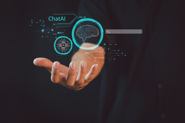 Ai tech, businessman show virtual graphic Global Internet connect Chatgpt Chat with AI, Artificial...