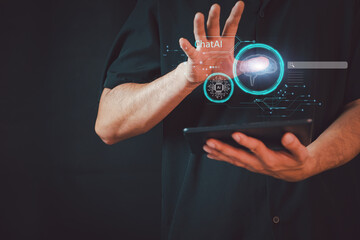 Ai tech, businessman show virtual graphic Global Internet connect Chat with AI, Artificial...