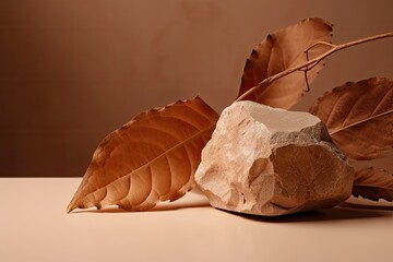 rock and a leaf on a wooden table. Generative AI