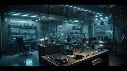 Fototapeta premium Home office bunker, interior garden with futuristic hidroponics system, aeroponi. Generative AI Technology 