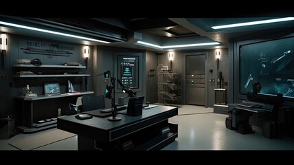 Home office bunker, interior garden with futuristic hidroponics system, aeroponi. Generative AI Technology 