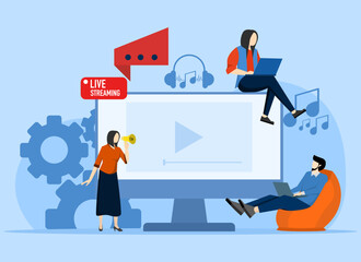 Concept Live streaming, vlog broadcast. People watch live streams on social networks and share videos online. Streaming video podcasts. Business work process. Vector illustration
