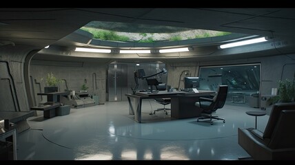Home office bunker, interior garden with futuristic hidroponics system, aeroponi. Generative AI Technology 